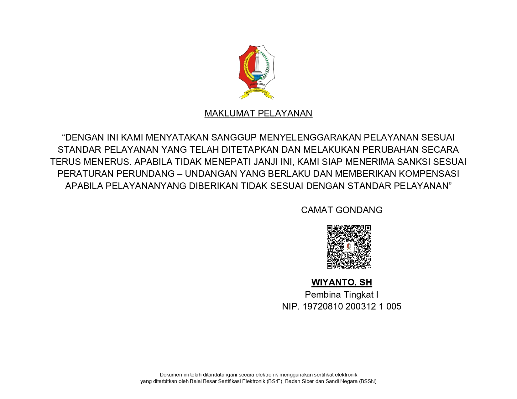 MAKLUMAT PELAYANAN KECAMATAN GONDANG
